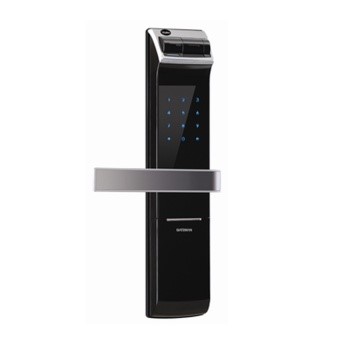 A Smart Home door lock with pin code display, biometric access and a traditional keyhole for key access