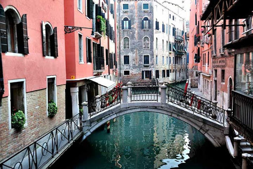 A view of one of the many waterway paths in Venice, Italy