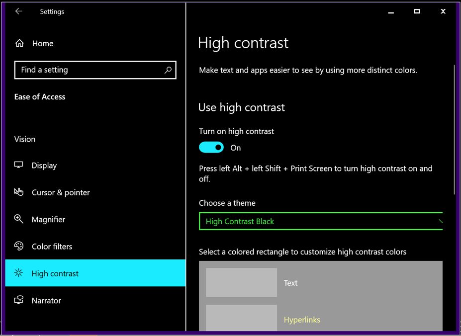 Screenshot of accessibility option to set high contrast of display.