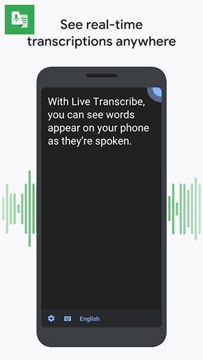 Screenshot of Google’s Live Transcribe app for Android, with title, "See real-time transcriptions anywhere". It shows Android smartphone showing on its screen - "With Live Transcribe, you can see words appear on your phone as they're spoken."