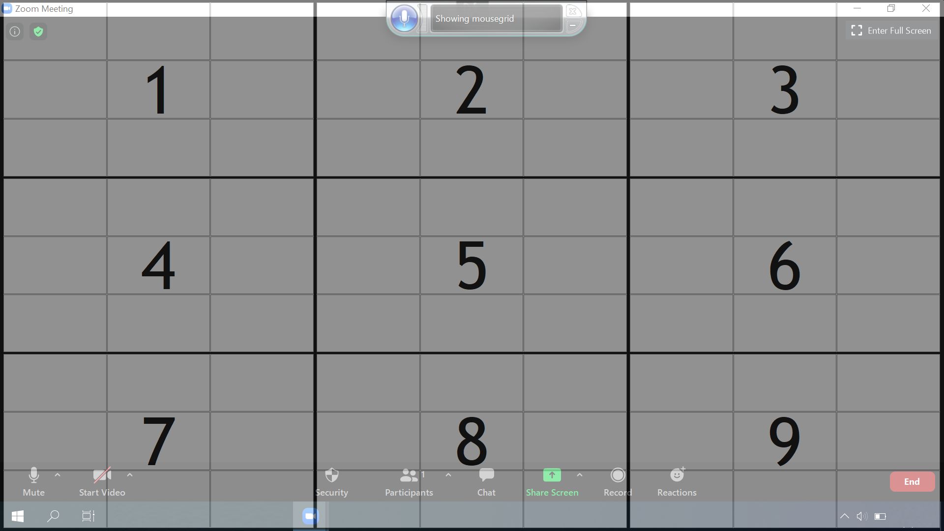 Screenshot of MouseGrid after launching it in Windows Speech Recognition app with voice control. The Mousegrid shown consists of 9 grids of 3 by 3, numbered with 1 to 9, representing the respective areas on the screen. 