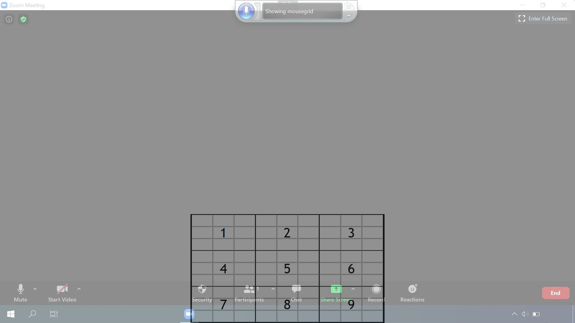 Screenshot of a smaller MouseGrid after zooming into it with voice control by selecting a grid number.
