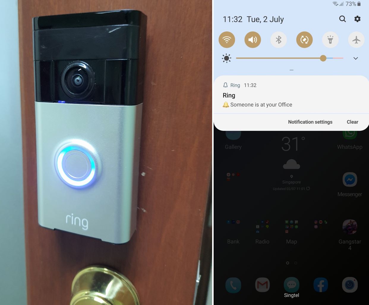 Doorbell linked to smartphone, screenshot of notification that doorbell is ringing and someone is at the office.