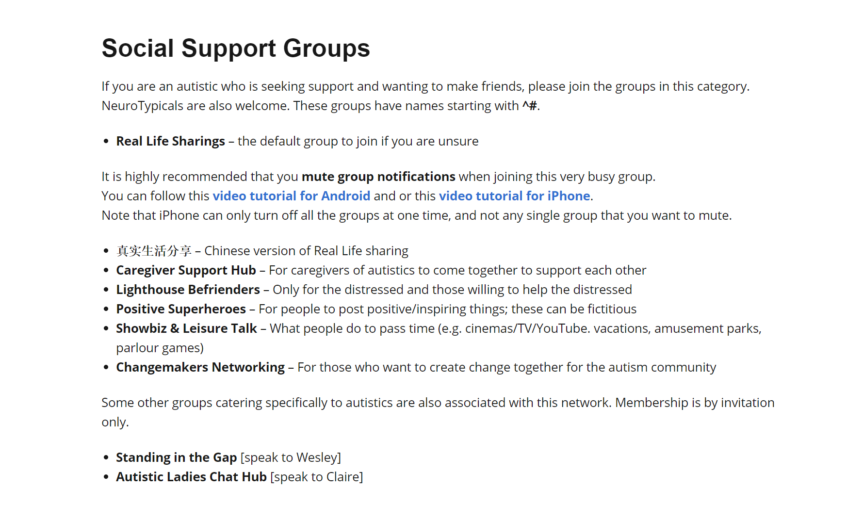 A screenshot of various social support groups in the WhatsApp Autism Community Singapore chat group, which includes Caregiver Support Hub, Changemakers Networking, and Lighthouse Befrienders