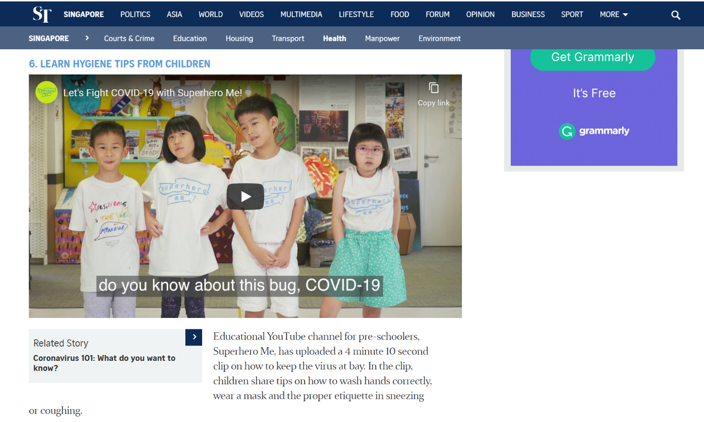 A screenshot of The Straits Times website showing a video link to a clip used in the COVID-19 Toolkit that explains what COVID-19 is.